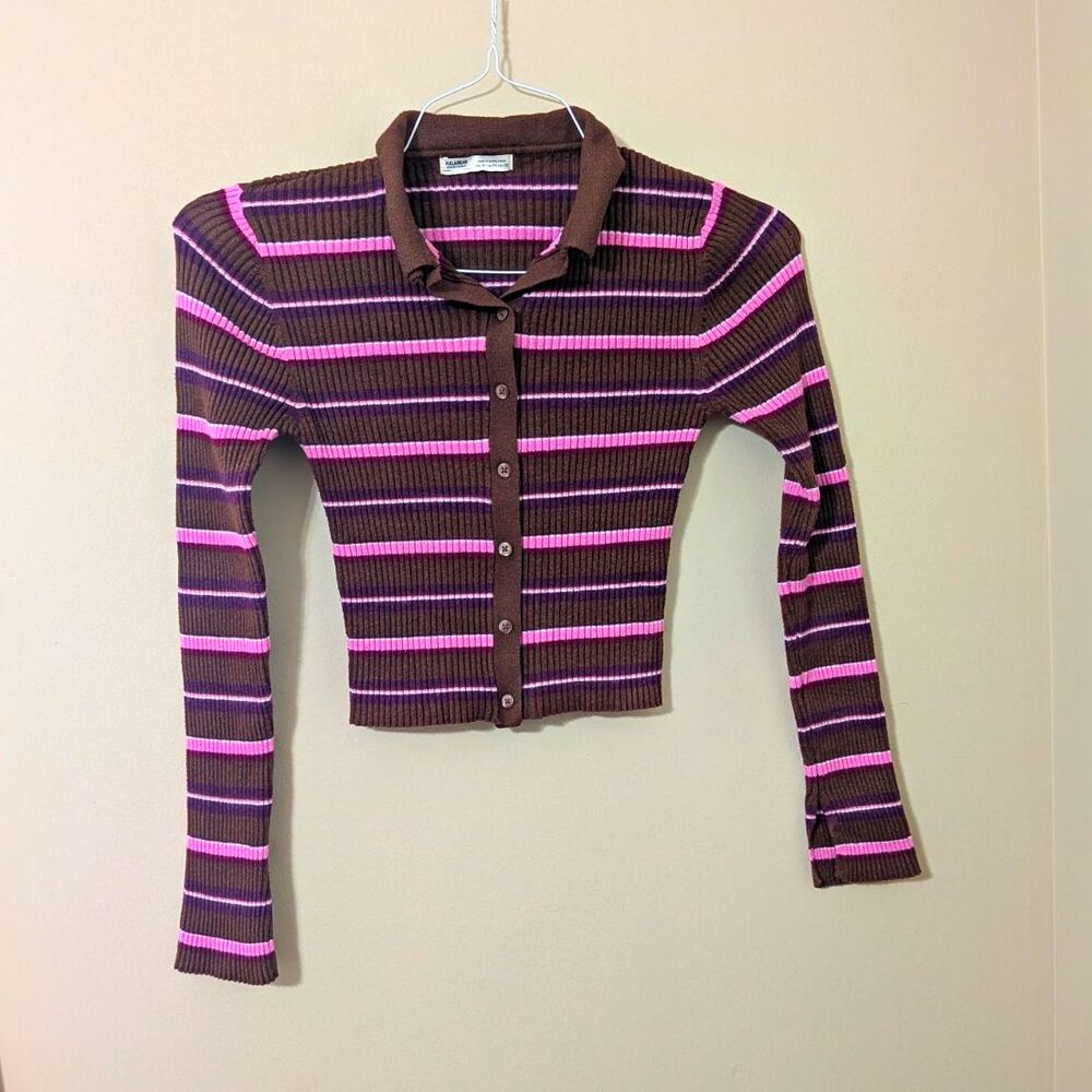 Y2K Brown & Pink Striped Ribbed Knit Polo Cardigan Crop Top